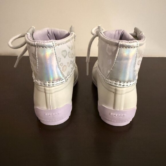 Sperry Toddler Duck Boots Size 6 Gray White Iridescent Lace-Up Rain Boots - Picture 4 of 10